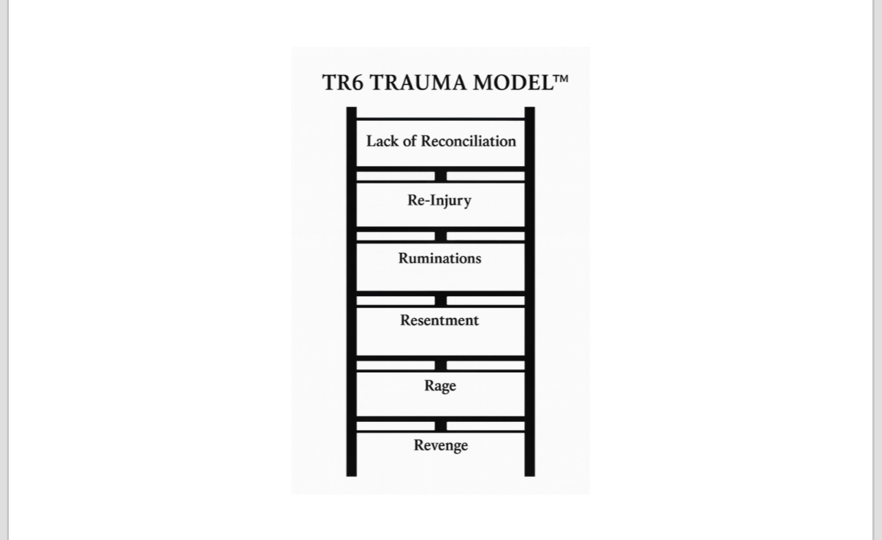 The TR6 Trauma Model ladder showing six stages from Lack of Reconciliation down to Revenge